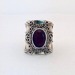 Vintage Sterling Silver 925 Wide Band Ring w/ Red Gemstone – Size 7 Estate